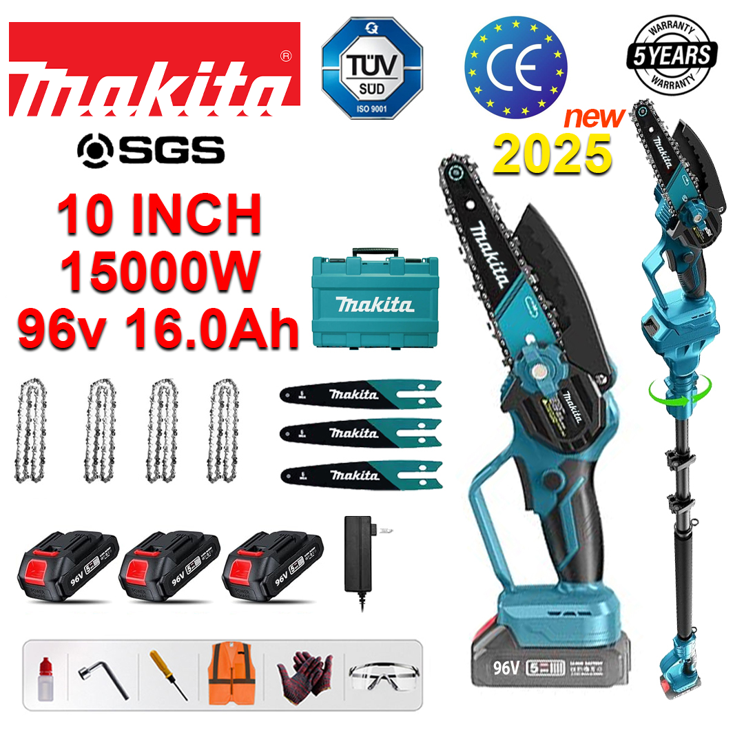 Display de energia LED (36 horas de duração da bateria) Serra elétrica de lítio sem escova de 15000 W de 10 polegadas (com haste telescópica) + bateria de 96 V 16,0 Ah * 3 + carregador + haste guia * 3 + corrente * 4 + caixa de ferramentas + óleo lubrificante + óculos, garantia de cinco anos