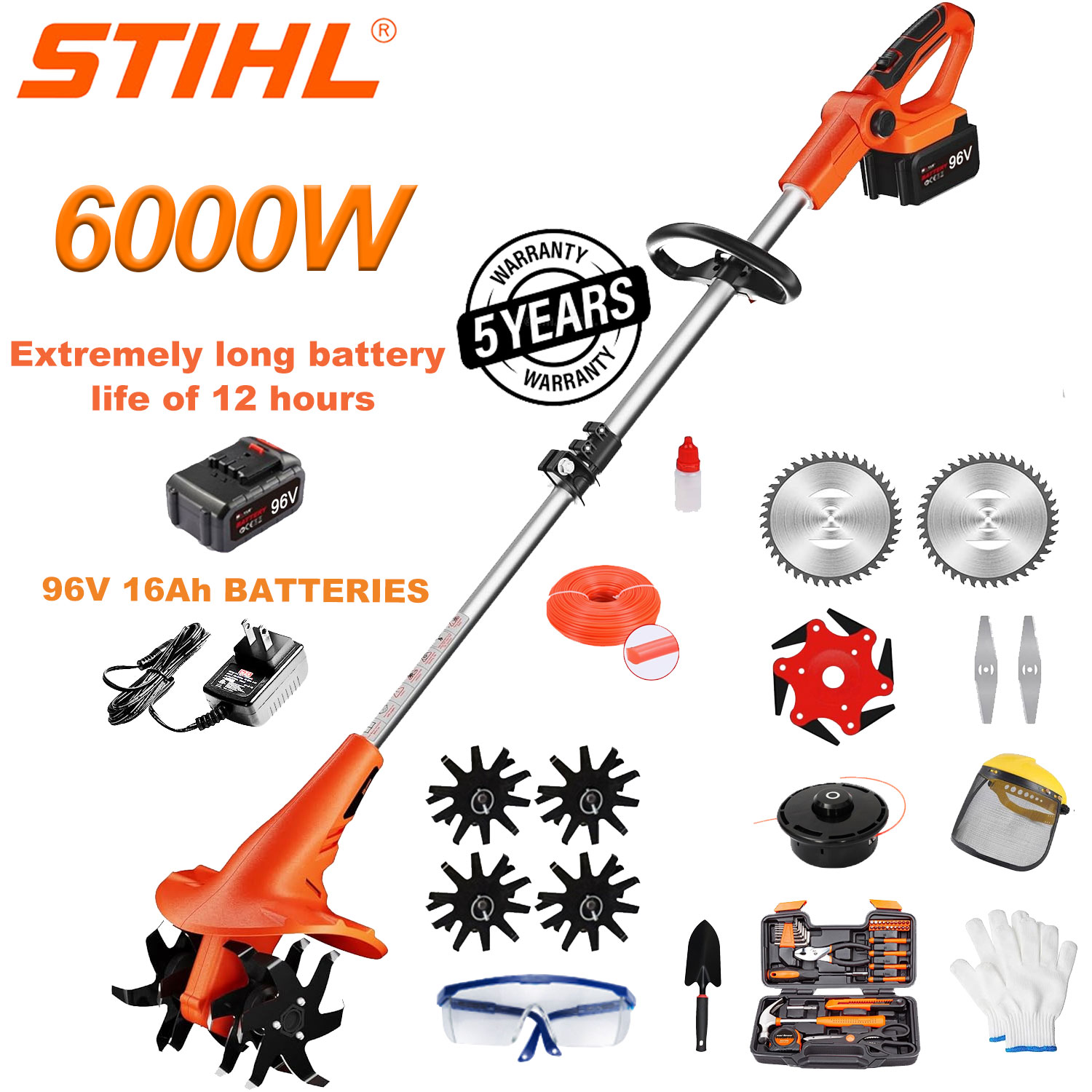 Bateria de lítio de 6000 W + bateria de lítio de 96 V * 1 + carregador rápido * 1 + cabeça de roda * 4 + conjunto completo de acessórios